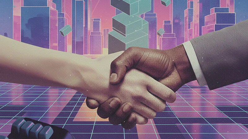 Handshake in a futuristic digital city representing proactive security and enterprise AI trust.