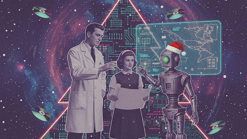 Illustration of a human expert and a young student reviewing a document alongside a friendly robot assistant, representing an AI sidekick supporting human decision-making.