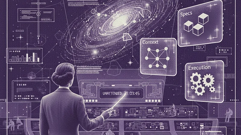 Illustration of a person monitoring a large AI control dashboard labeled context, specs, and execution, representing unattended AI systems running autonomously.