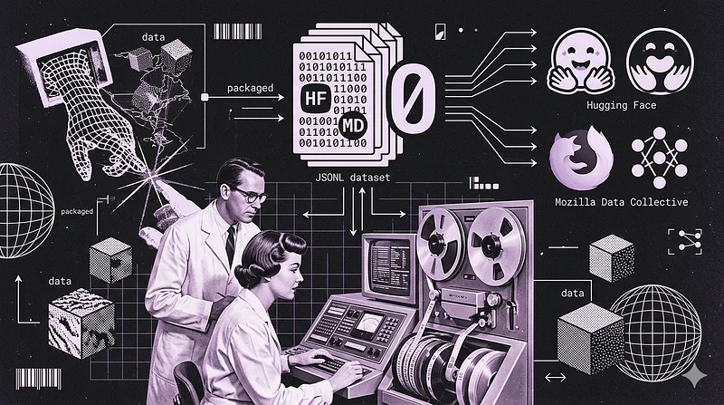 Retro-futurist collage of mid-century scientists at a reel-to-reel computer, with a packaged JSONL dataset routed to the Hugging Face and Mozilla Data Collective logos.
